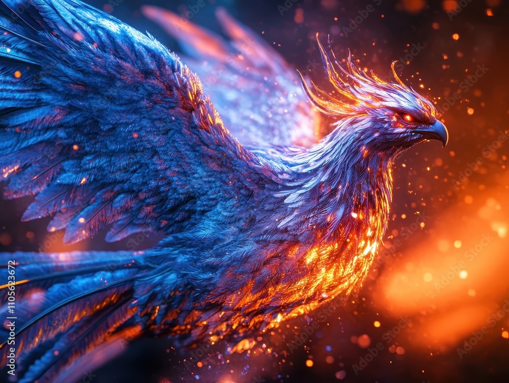 Fototapeta premium Fiery Phoenix Bird Soaring Through Embers