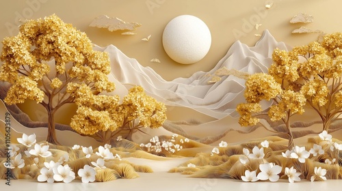 Golden trees with white flowers create serene landscape. 3D mural wallpaper shows peaceful scene of mountains. Beautiful design for interior decor. Sophisticated aesthetic. Ideal for home decor.