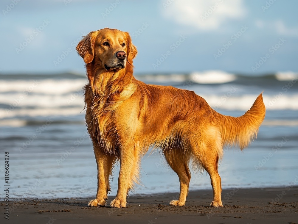 Golden Retriever Dog Standing on Sandy Beach Golden Retriever Dog Standing on Sandy Beach