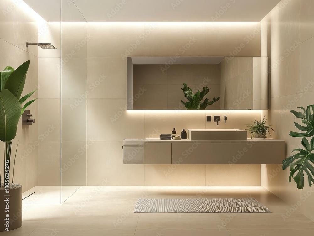 Modern Minimalist Beige Bathroom Design With Plants Modern Minimalist Beige Bathroom Design With Plants