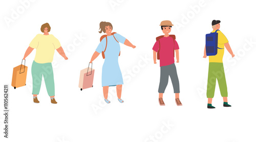 Tourist and traveler characters  men and women with backpacks, luggage,  on trips abroad. Line art flat vector illustration set.