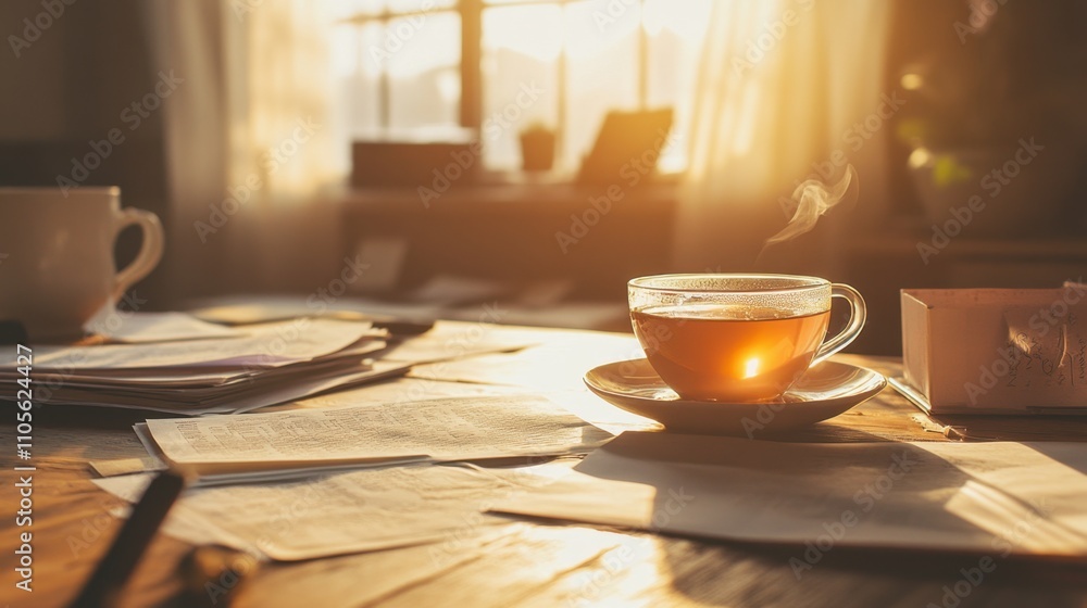 A comforting office setup with a tea cup and scattered papers, illuminated by golden afternoon light A comforting office setup with a tea cup and scattered papers, illuminated by golden afternoon light