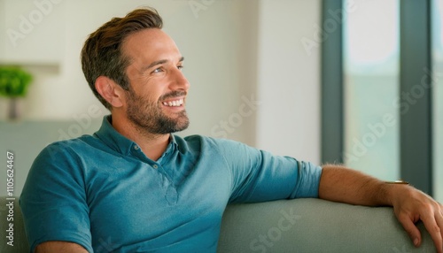  young attractive and happy 30s man smiling relaxed and comfortable sitting at living room photo