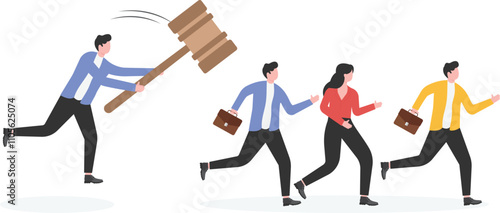 The managers with hammers hitting runaway small businessman, pressure, government and politics


