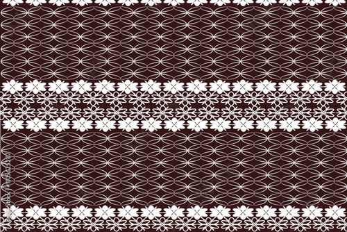 White seamless geometric lace pattern, brown mesh background. Vector illustration. Curtain. Fashion clothing.