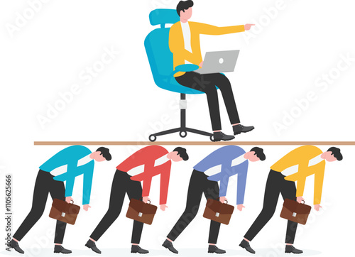 Leader manager standing on red office chair and giving command, group team work together to raise office chair,
