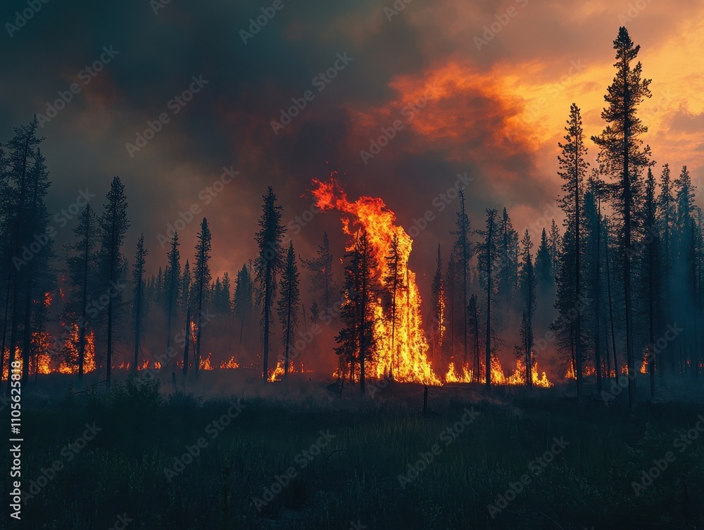 Fiery Wildfire Engulfs Coniferous Forest at Sunset Fiery Wildfire Engulfs Coniferous Forest at Sunset