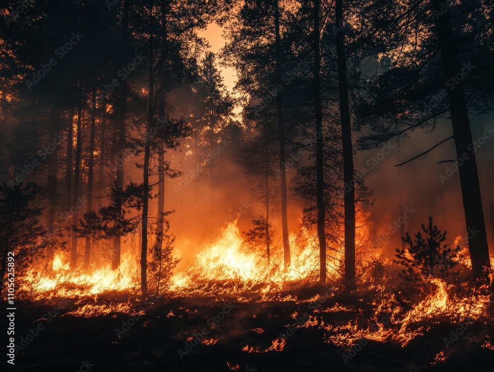 Forest Fire Inferno Burning Through Tall Trees At Dusk Forest Fire Inferno Burning Through Tall Trees At Dusk