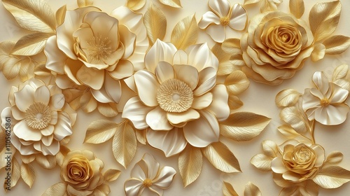 Luxury wallpaper design features 3D gold, cream flowers. Ornate floral pattern creates opulent look. Decorative leaves flowers. Elegant, artistic design. Ideal for upscale home decor commercial