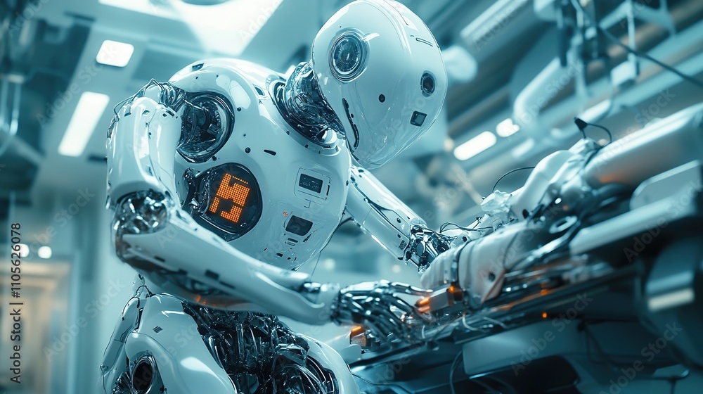 Fototapeta premium A humanoid robot working on a technological device in a futuristic lab environment.