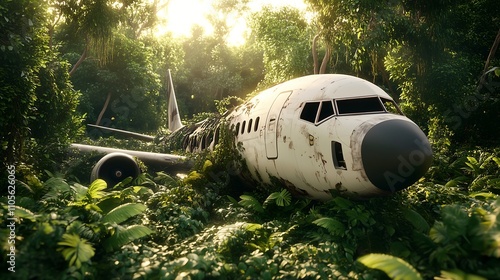 A crashed airplane in a dense jungle, surrounded by vines and overgrown foliage, with sunlight streaming through the trees.