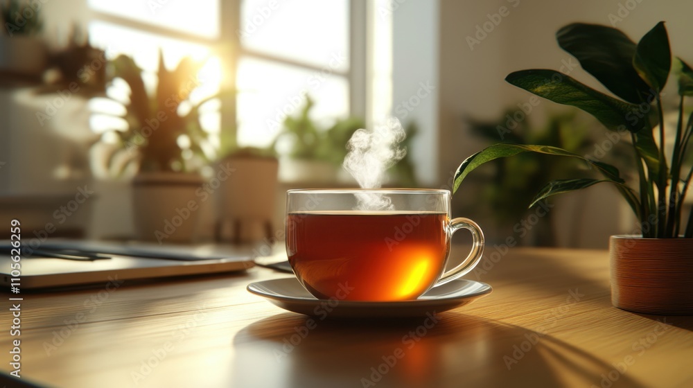 A cozy office corner POV featuring a steaming cup of tea on a sleek wooden desk, surrounded by soft natural light A cozy office corner POV featuring a steaming cup of tea on a sleek wooden desk, surrounded by soft natural light