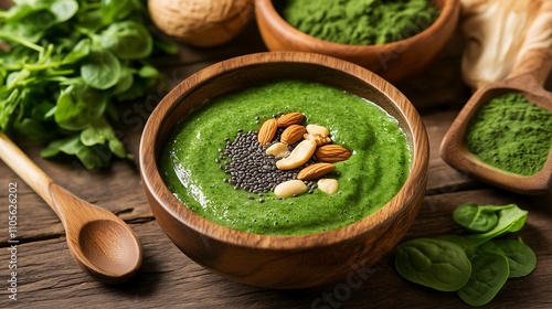 A vibrant green smoothie bowl topped with fresh fruits, nuts, and seeds on a wooden table surrounded by fresh ingredients.