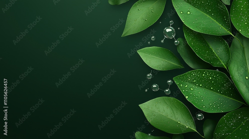 Lush Green Leaves with Water Droplets on Dark Background Lush Green Leaves with Water Droplets on Dark Background
