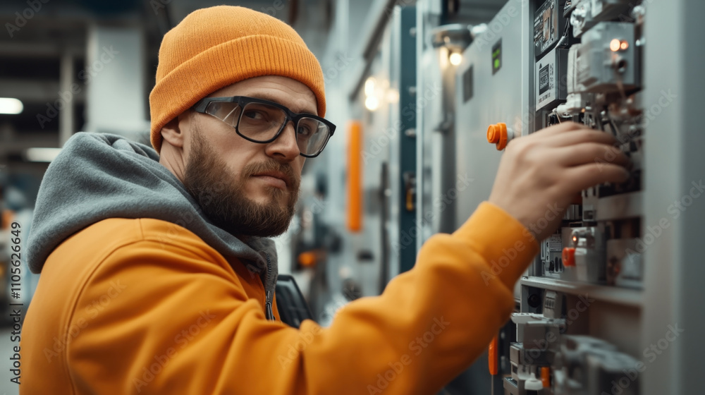 A focused technician in an orange beanie and hoodie operates a control panel inside an industrial facility, wearing safety goggles and adjusting components carefully. A focused technician in an orange beanie and hoodie operates a control panel inside an industrial facility, wearing safety goggles and adjusting components carefully.