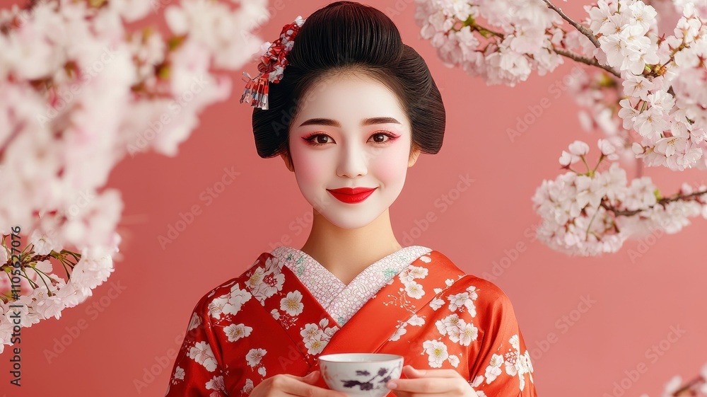 kimonoceremony cultural concept.
A graceful woman in a red kimono holds a teacup, surrounded by cherry blossoms, embodying traditional Japanese beauty against a pink backdrop. kimonoceremony cultural concept.
A graceful woman in a red kimono holds a teacup, surrounded by cherry blossoms, embodying traditional Japanese beauty against a pink backdrop.