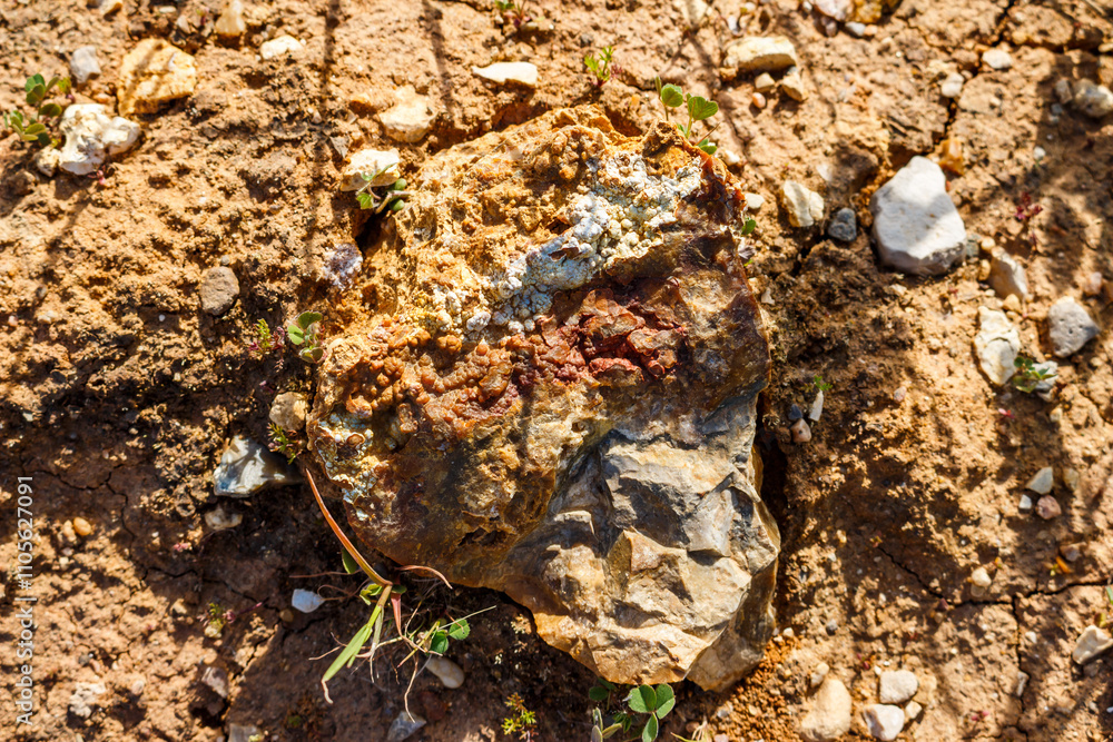 A piece of siliceous rock with a chalcedony crust lying on the ground, geological background A piece of siliceous rock with a chalcedony crust lying on the ground, geological background