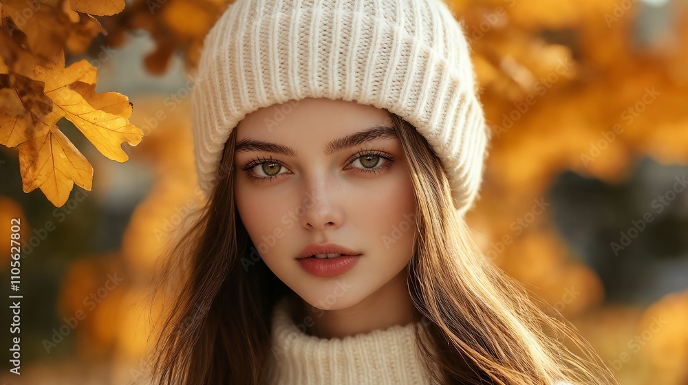 Woman wearing white woolen hat in autumn foliage background Woman wearing white woolen hat in autumn foliage background