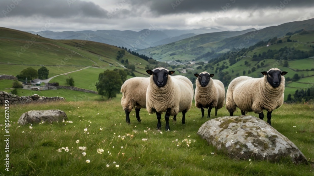 Here's a possible response, keeping within the character limit and using only single-word keywords.. Three sheep face camera in idyllic valley. Here's a possible response, keeping within the character limit and using only single-word keywords.. Three sheep face camera in idyllic valley.