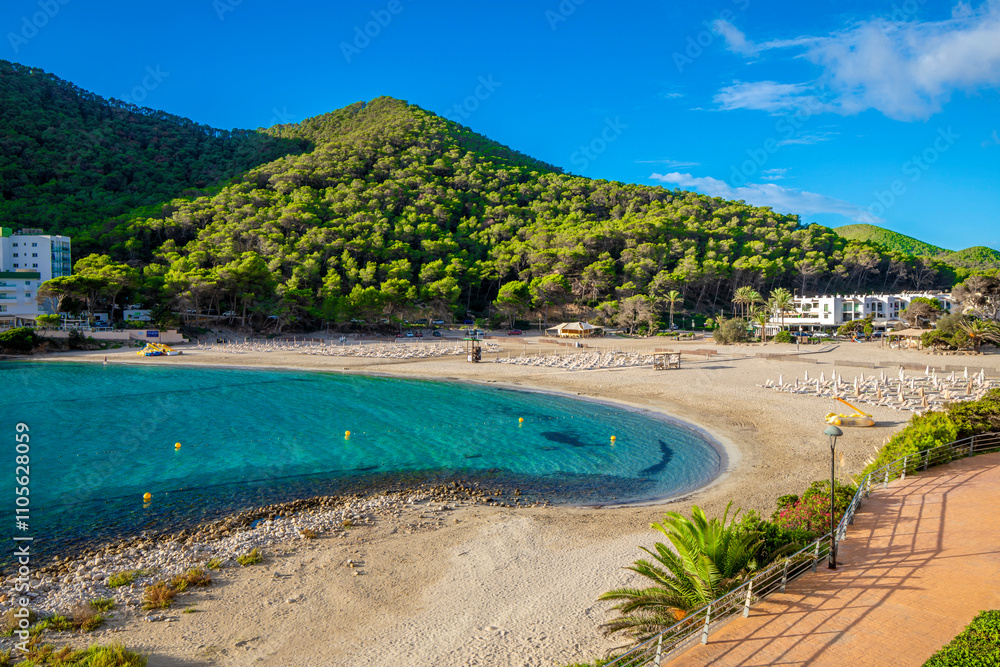 Beach at Cala Llonga, Ibiza, Balearic Islands, Spain, Mediterranean Beach at Cala Llonga, Ibiza, Balearic Islands, Spain, Mediterranean