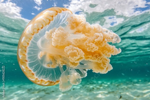 A stunning close-up captures a jellyfish in crystal-clear ocean water, highlighting its intricate tentacles and delicate form against the backdrop of the underwater world. photo