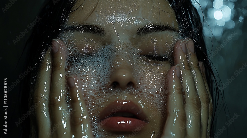 Close-up of woman washing face with soapy water in shower. Close-up of woman washing face with soapy water in shower.