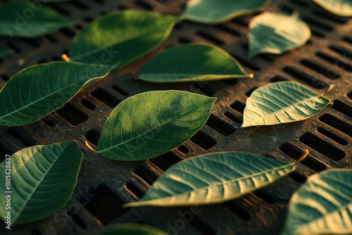 Lush green leaves perfectly align on an aged, rusted metal surface under the warm glow of sunset, merging nature and industrial elements in pleasing harmony. photo