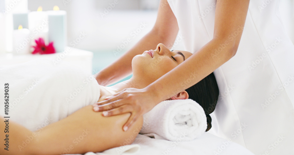 Obraz premium Woman, relax and hands with masseuse for massage, spa treatment or relaxation at luxury resort. Calm, female person or therapist with client for physical therapy, stress relief or zen at beauty salon