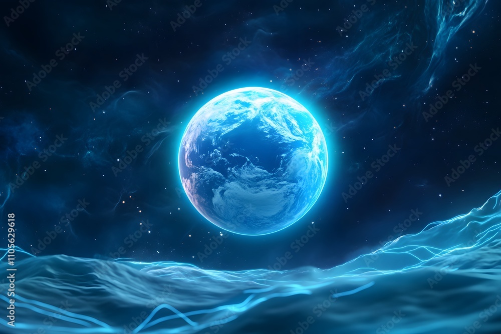 Fototapeta premium A glowing blue Earth globe floating in space, surrounded by energy lines