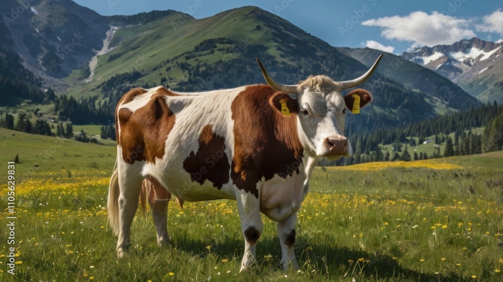 Here's a possible and keyword list for your stock photo.. Brown and white cow grazes in idyllic mountain pasture. Here's a possible and keyword list for your stock photo.. Brown and white cow grazes in idyllic mountain pasture.