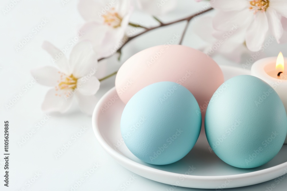 easter table setting, colorful easter eggs on a white plate with pastel candles and delicate flowers on a bright white background easter table setting, colorful easter eggs on a white plate with pastel candles and delicate flowers on a bright white background