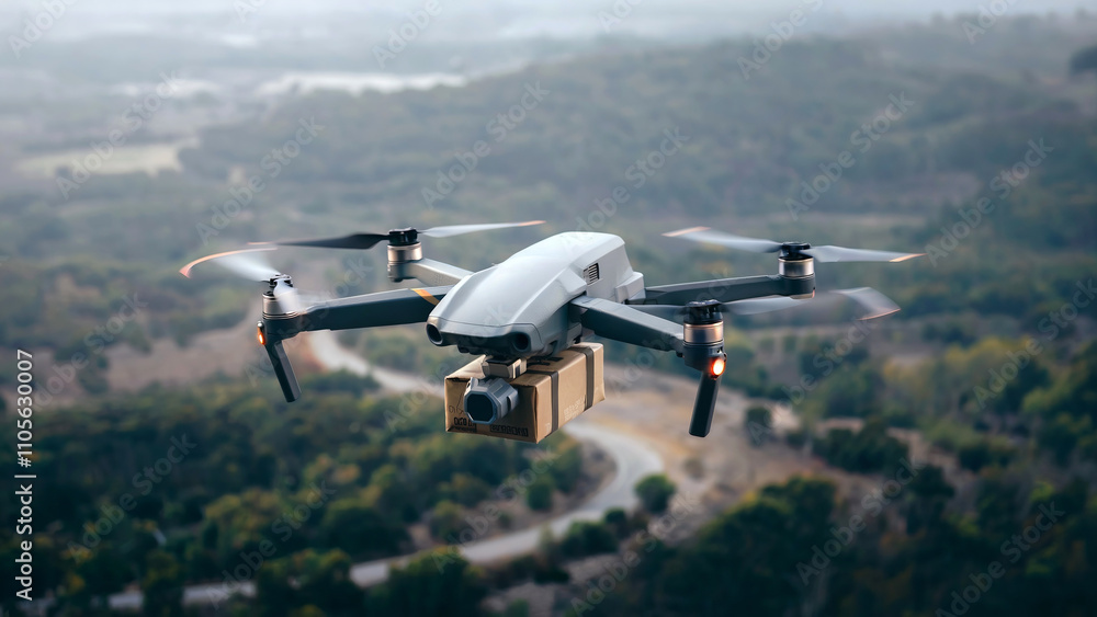 Drone delivering package over scenic landscape.. Drone delivering package over scenic landscape..