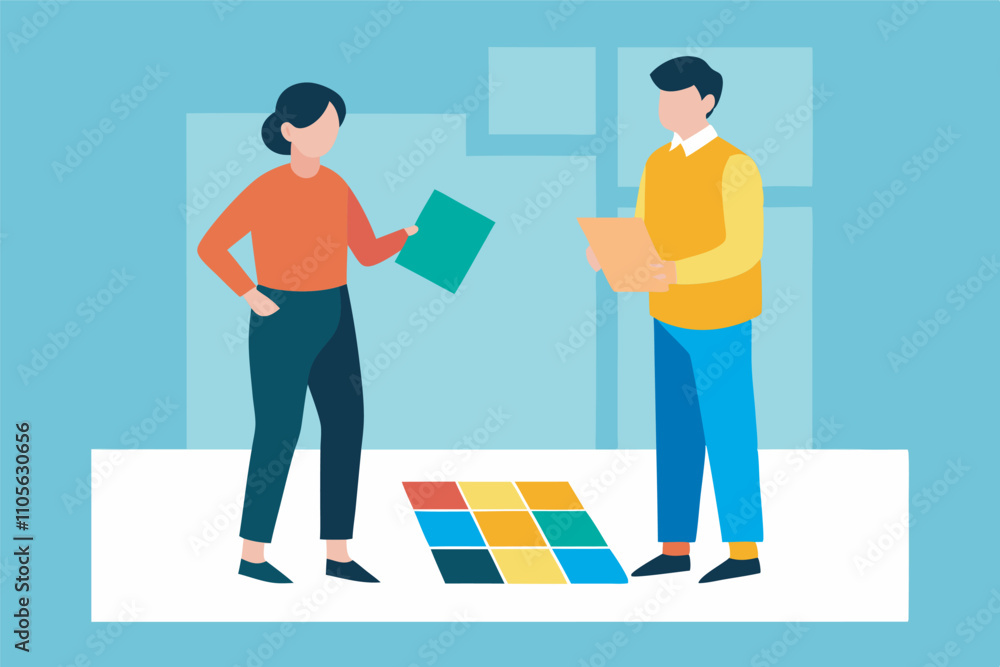 Obraz premium A man and a woman stand chatting holding folders. She wears a red sweater, he a yellow one. Pictures adorn the calm background.