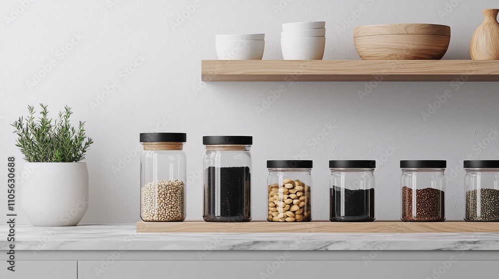 Modern minimalist kitchen superfood storage with clean design Modern minimalist kitchen superfood storage with clean design