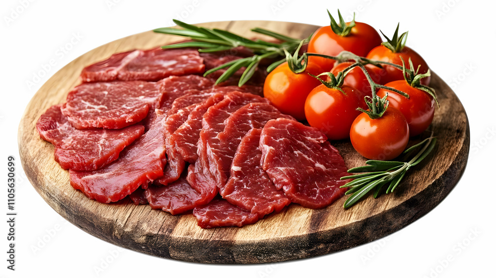 Sliced Beef on Wooden Board with Tomatoes and Rosemary Sliced Beef on Wooden Board with Tomatoes and Rosemary