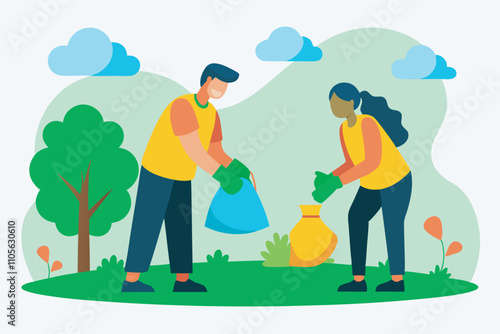 Man and woman with masks and gloves cleaning up in a park. Holding colored plastic bags, focusing on items like kite, bottle, and bowl.