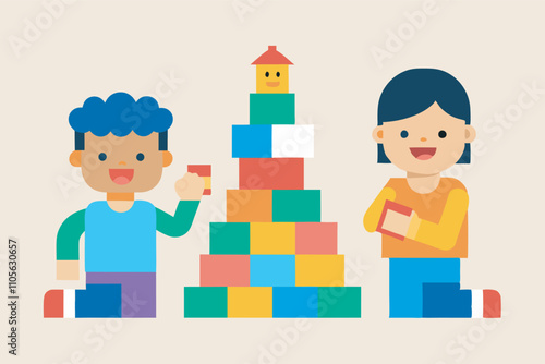 Two smiling kids play with colorful building blocks in a simple setting. The boy builds a tall tower with a smiley face, while the girl constructs a triangular tower, showcasing a joyful playtime.