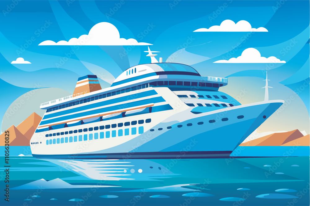 A serene maritime scene with a cruise ship in a vast blue sea, mountains in the backdrop, and a yellow land strip. Sky transitions from dark to light blue with scattered white clouds,