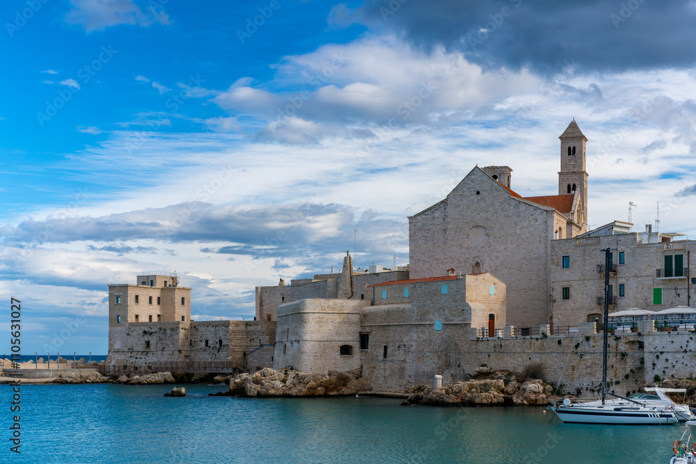 Saint Mary of the Assumption Cathedral with boats in the marina, Giovinazzo, Apulia, Italy