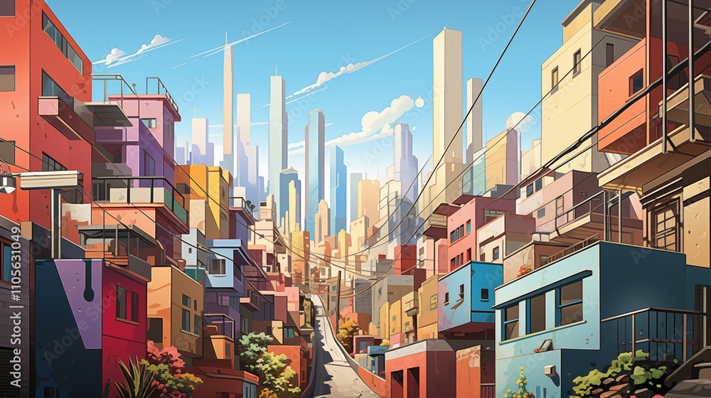 Naklejka premium Urban revitalization project futuristic city digital art colorful neighborhood wide angle community transformation