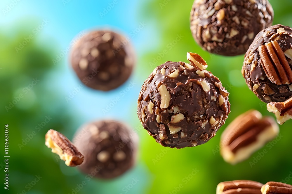 A sprite sheet of dark chocolate truffles with pecans floating in the air, with soft backlit illumination A sprite sheet of dark chocolate truffles with pecans floating in the air, with soft backlit illumination