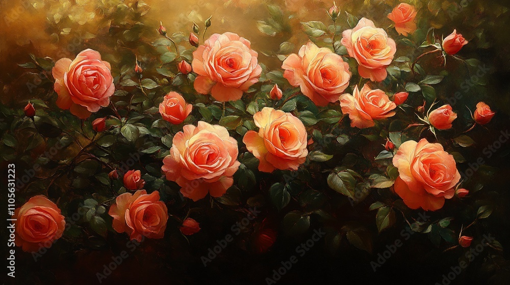 Peachy roses in a lush garden setting, detailed painting style. Peachy roses in a lush garden setting, detailed painting style.