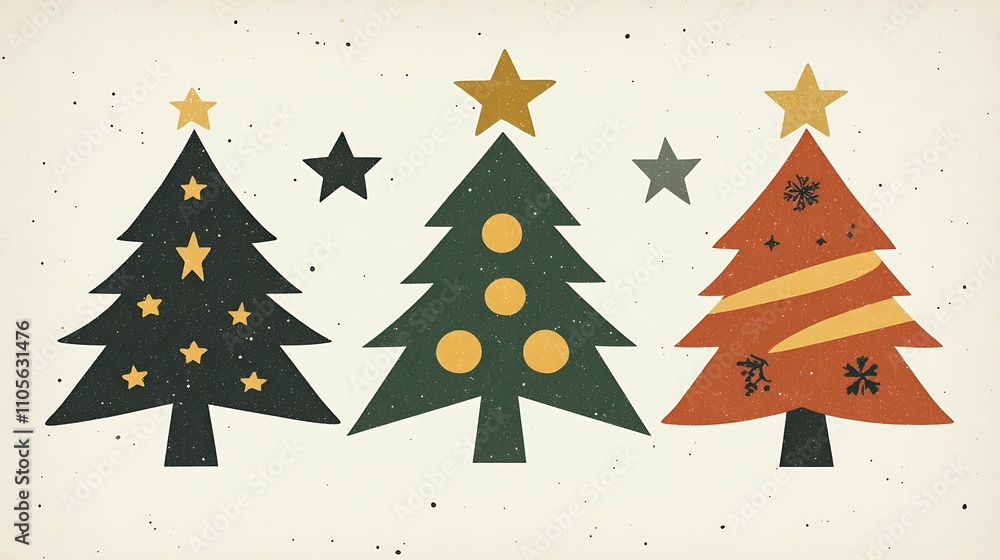 Obraz premium Three Stylized Christmas Trees with Stars and Ornaments