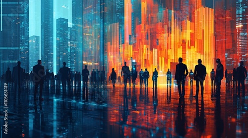 A scene of AI technology transforming financial services in a bustling fintech environment Stock Photo with side copy space