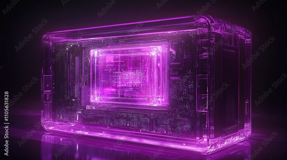 Glowing purple transparent box with internal circuitry. (1) Glowing purple transparent box with internal circuitry. (1)