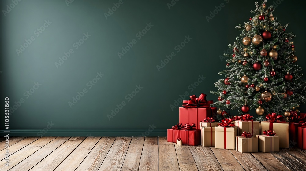 Christmas interior scene with a decorated tree and presents on a wooden floor against a dark green wall. Christmas interior scene with a decorated tree and presents on a wooden floor against a dark green wall.