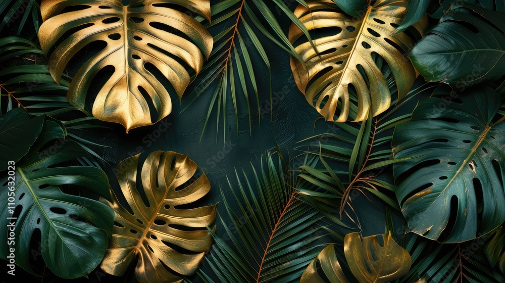 Golden palm and monstera leaves on dark background in tropical summer theme. Golden palm and monstera leaves on dark background in tropical summer theme.