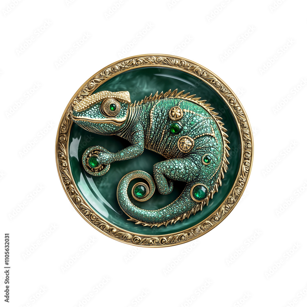 Exquisite Chameleon Decor Ornate Green Reptile on Gilded Plate Exquisite Chameleon Decor Ornate Green Reptile on Gilded Plate