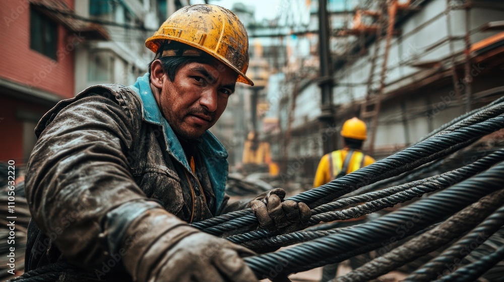 Close-up of a construction worker handling rebar on a busy city construction site. Close-up of a construction worker handling rebar on a busy city construction site.