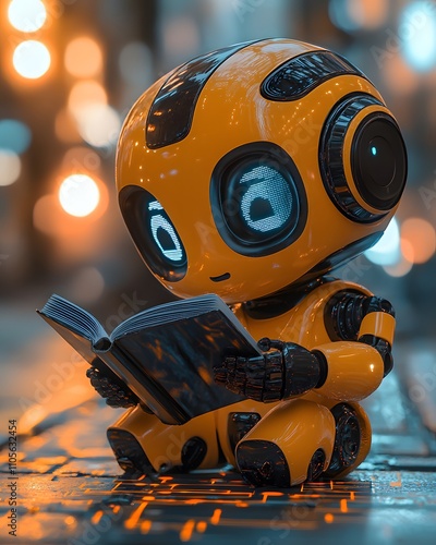 A robot is intently reading a book. Every letter it sees seems to be absorbed by its processor, pushing it beyond the limits and becoming an AI with intelligence that is increasingly close to humans. photo